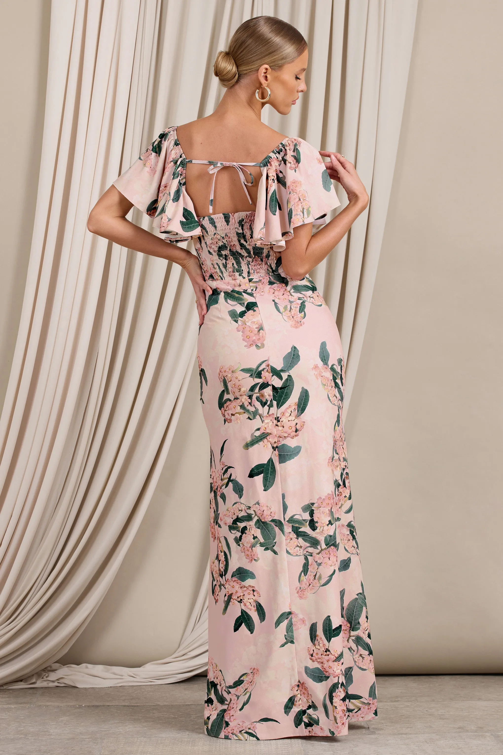 Signorina | Pink Floral Buttoned Maxi Dress With Flounced Short Sleeves