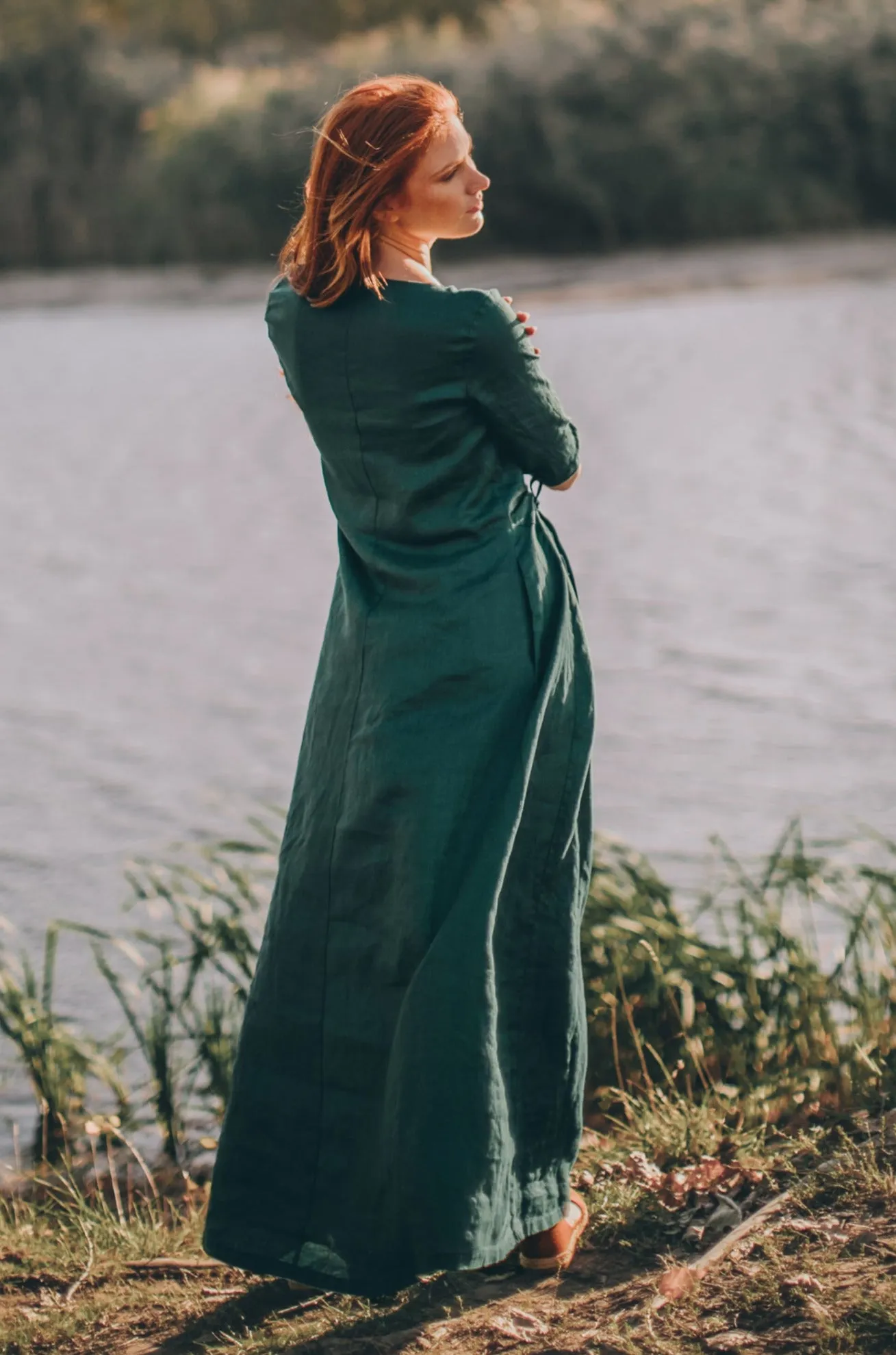 Sleeved Linen Dress with Ruched Waist