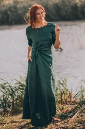 Sleeved Linen Dress with Ruched Waist