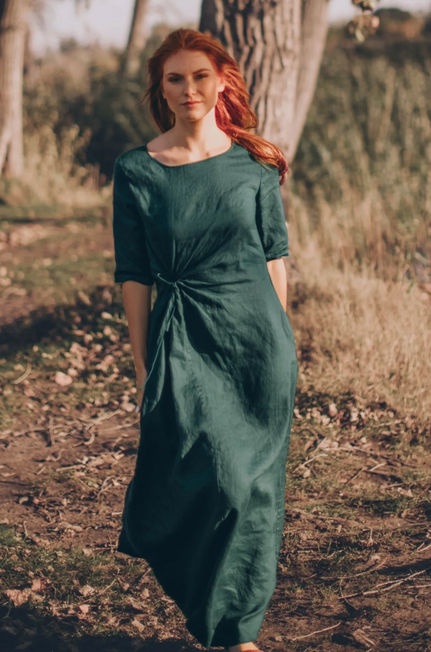 Sleeved Linen Dress with Ruched Waist