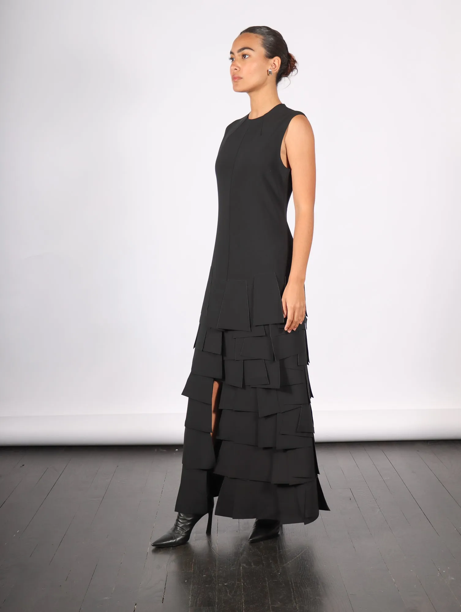 Sleeveless Laser Cut Dress in Black by A.W.A.K.E. Mode