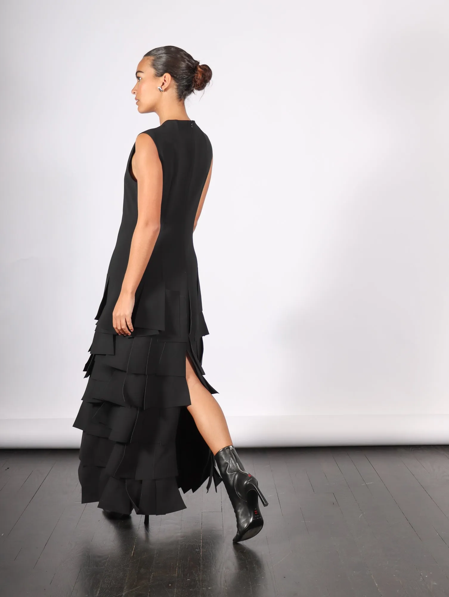 Sleeveless Laser Cut Dress in Black by A.W.A.K.E. Mode