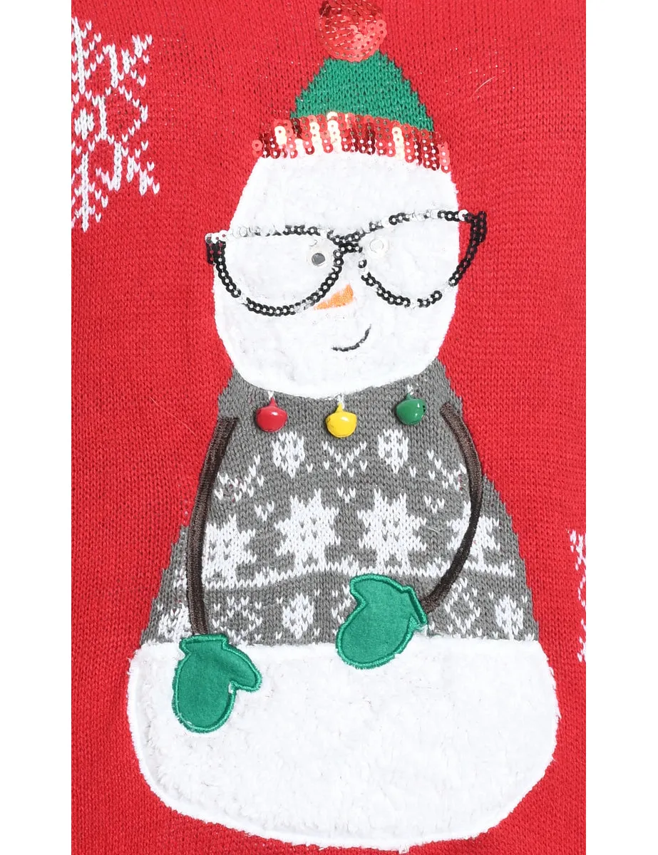 Snowman Design Red Knit Christmas Jumper - M