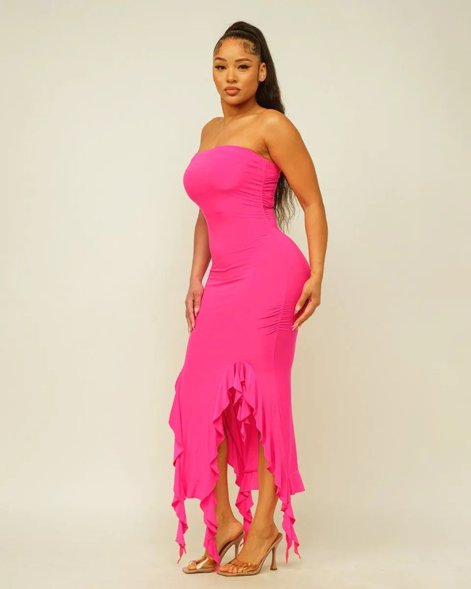 Solid Bottom Ruffle Trim Hem Slit Tube Maxi Dress