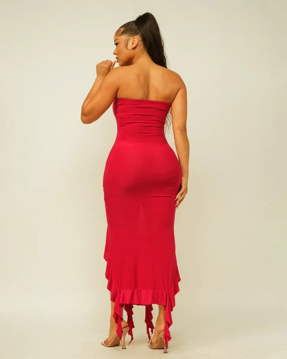 Solid Bottom Ruffle Trim Hem Slit Tube Maxi Dress