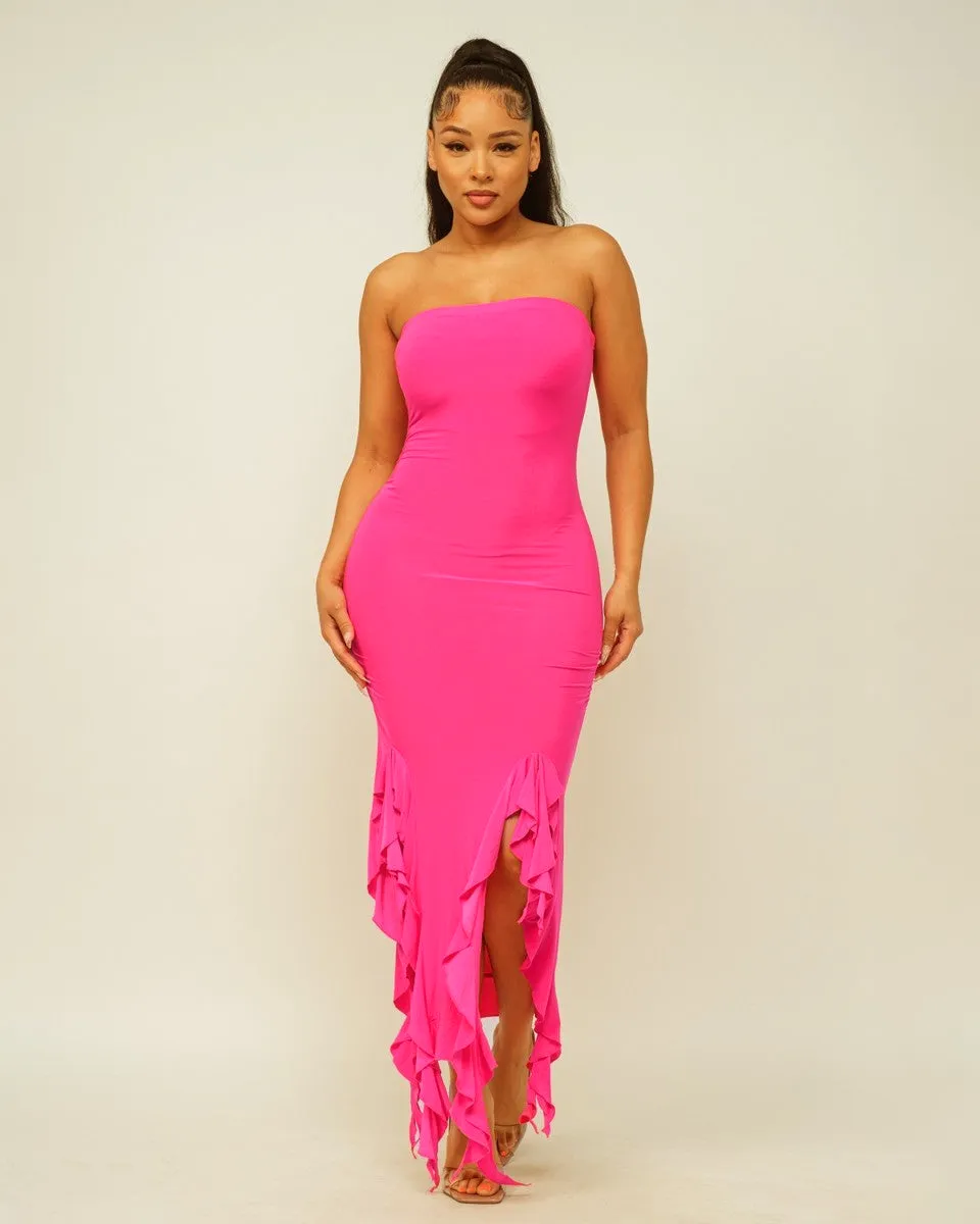 Solid Bottom Ruffle Trim Hem Slit Tube Maxi Dress