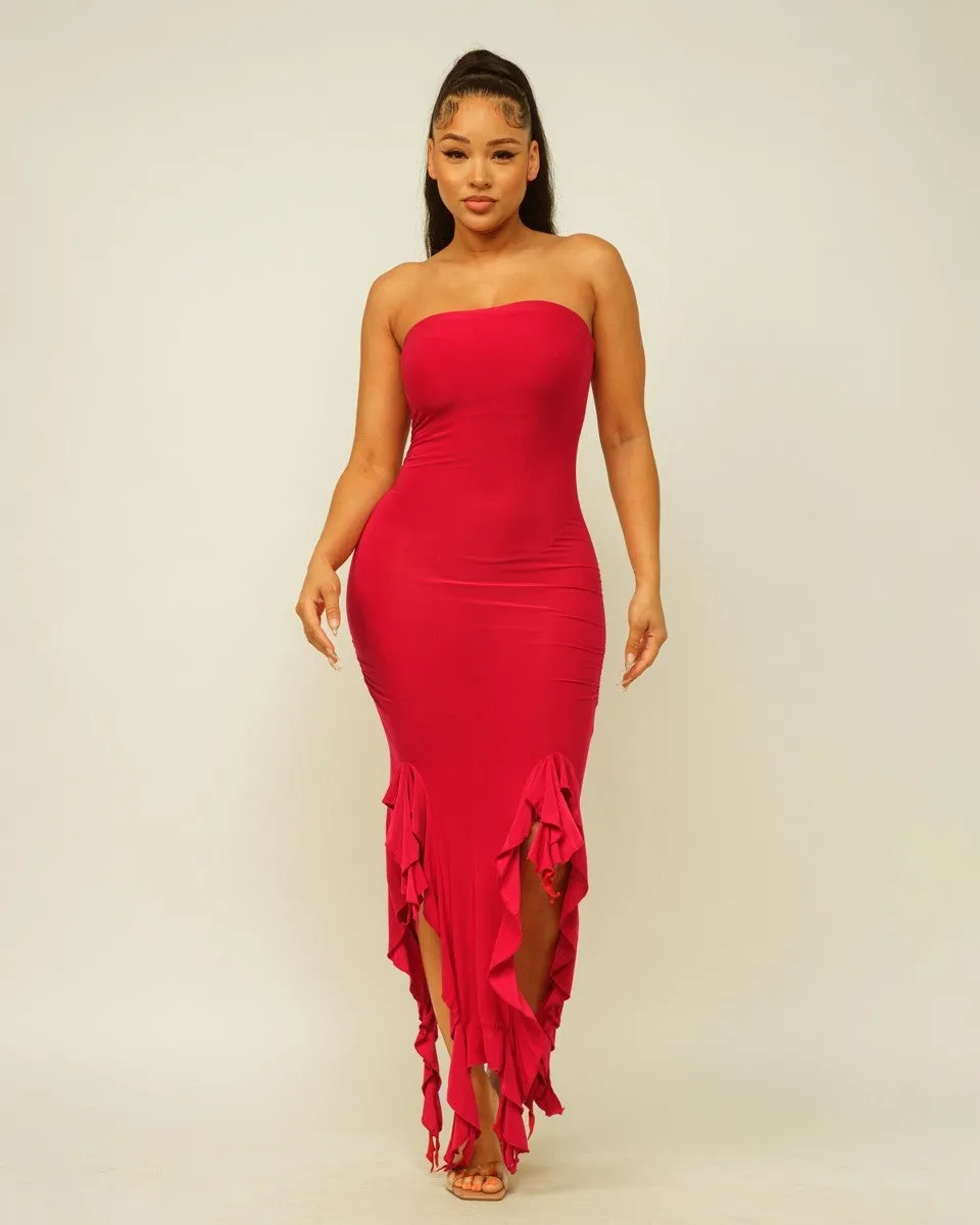 Solid Bottom Ruffle Trim Hem Slit Tube Maxi Dress