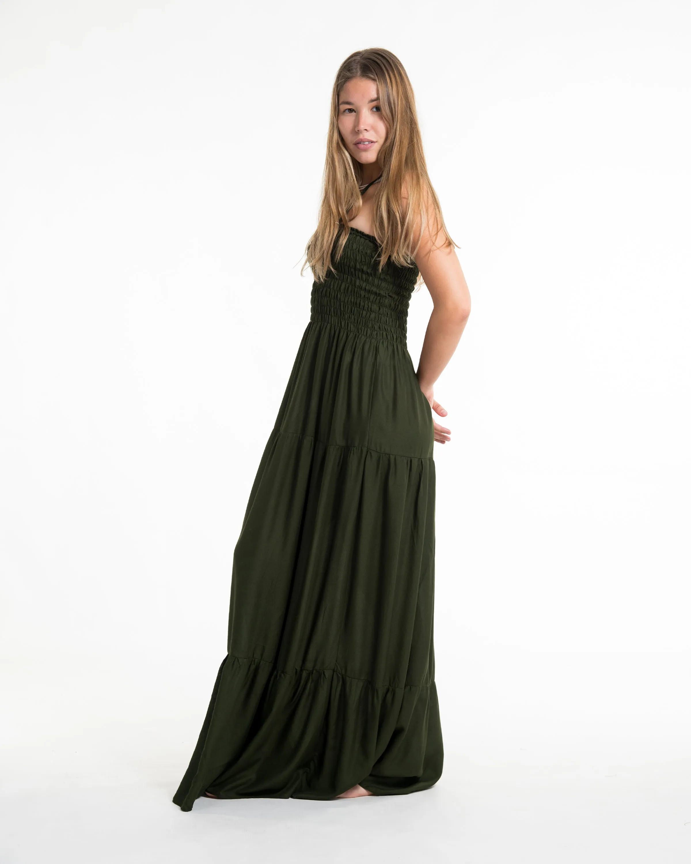 Solid Color Smocked Maxi Dress in Dark Green