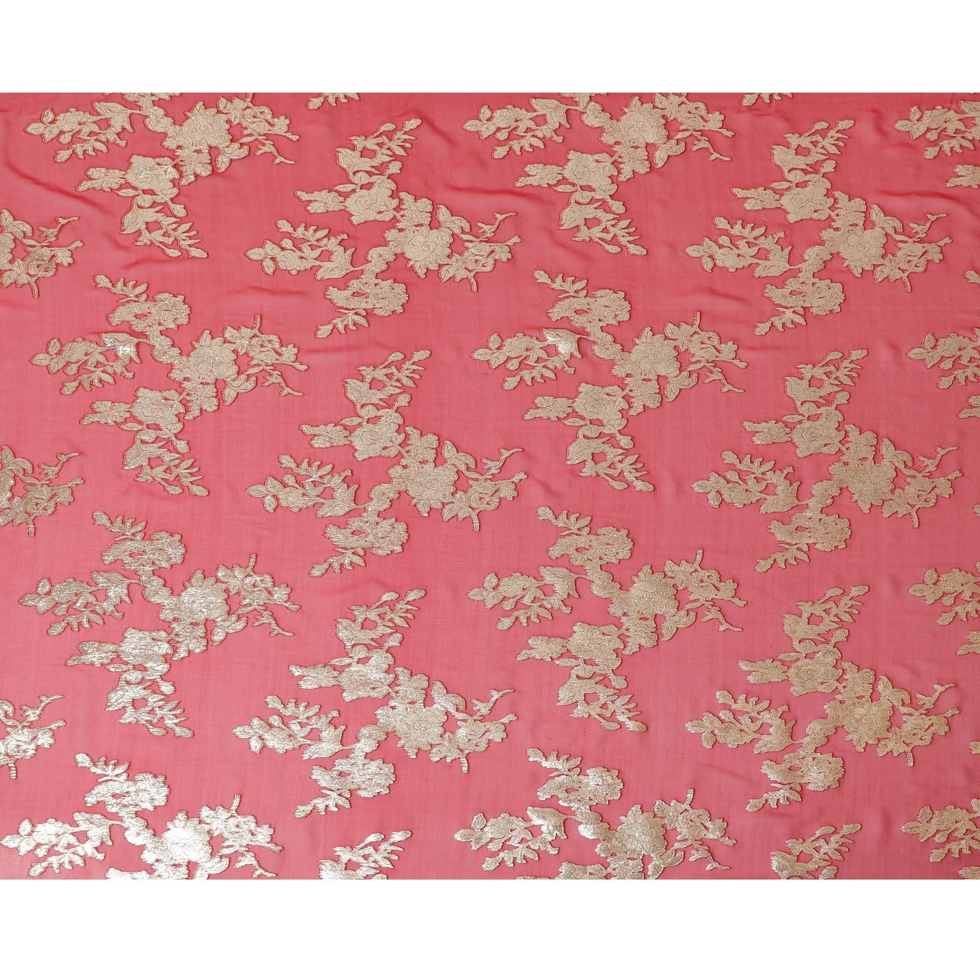 South Korean Metallic Gold Embroidery on Pure Silk Chiffon Fabric, Coral Red - 140cm Wide-D17776