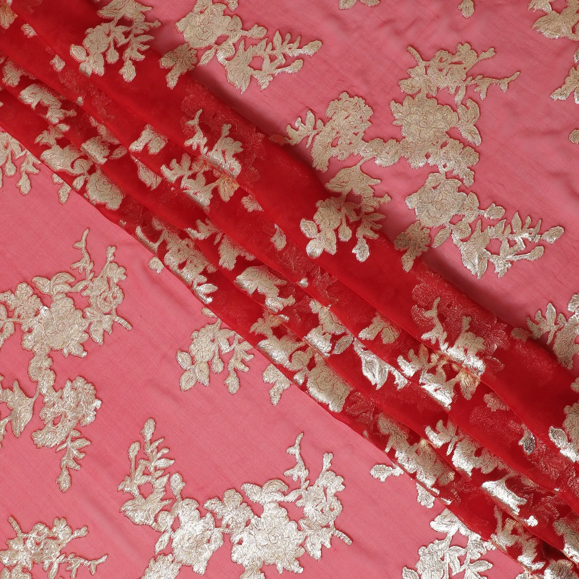 South Korean Metallic Gold Embroidery on Pure Silk Chiffon Fabric, Coral Red - 140cm Wide-D17776