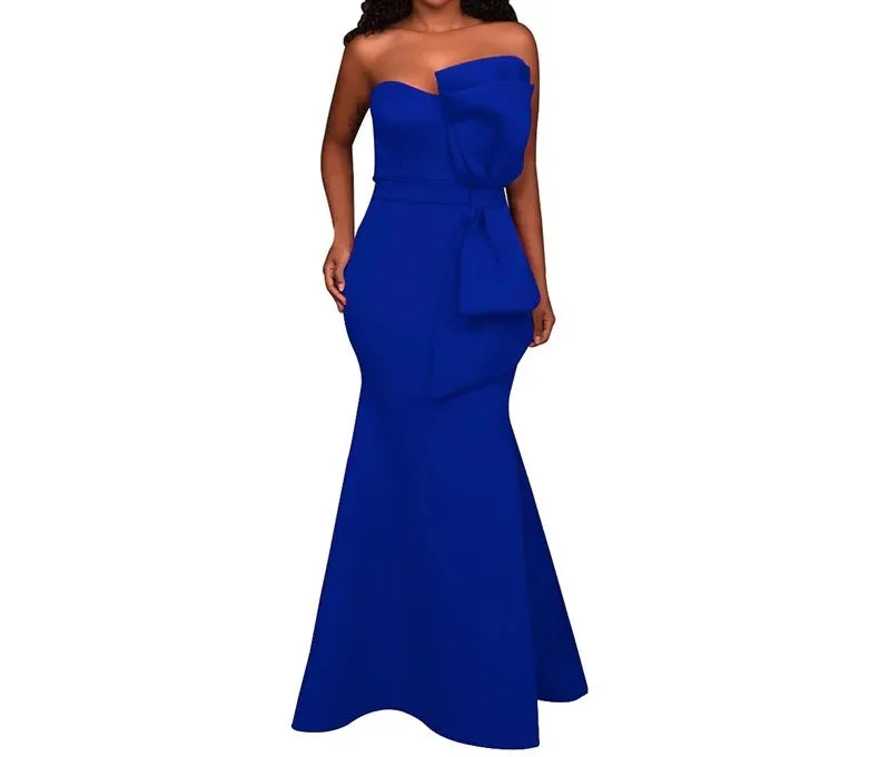 Strapless formal mermaid evening party bridesmaid dress with bow