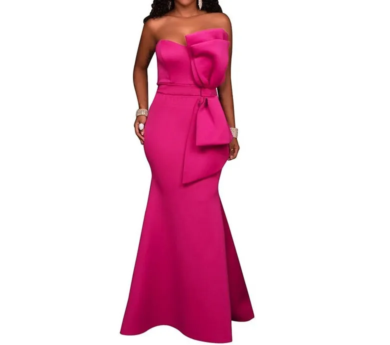 Strapless formal mermaid evening party bridesmaid dress with bow