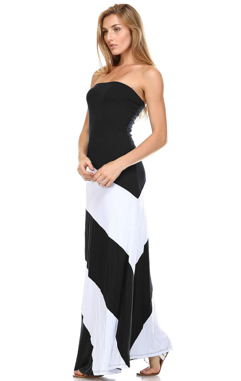 Strapless Maxi Dress Double-Lined Black White Colorblock