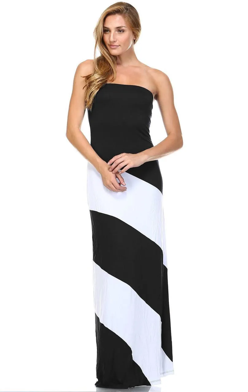 Strapless Maxi Dress Double-Lined Black White Colorblock