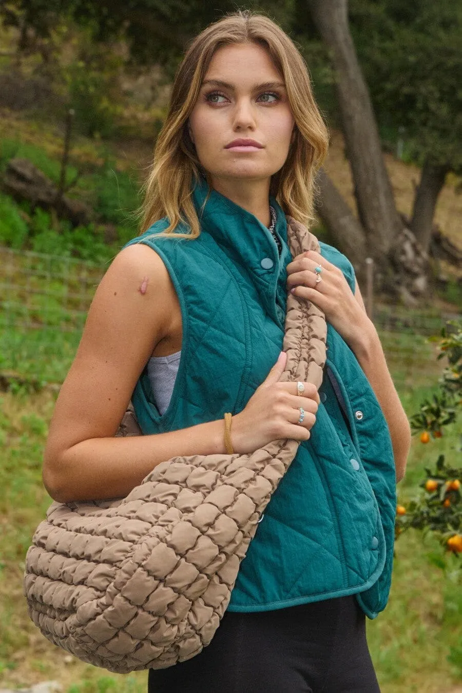 TAUPE QUILTED OVERSIZED CROSS BODY HANDBAG