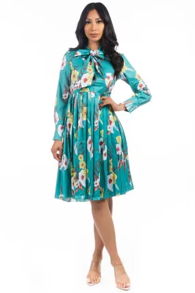 TEEK - GREEN FLORAL NECK TIE PLEATED DRESS