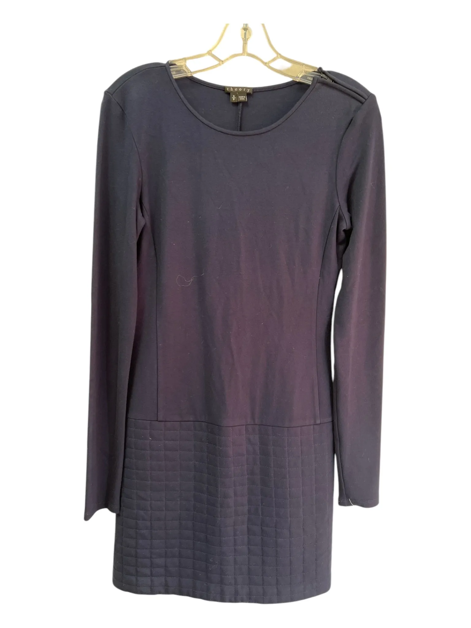 Theory Size S Navy Viscose Quilted Long Sleeve Zip Detail Round Neck Dress