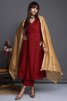 tie-up angrakha kurta - opulent maroon & gilded blooms