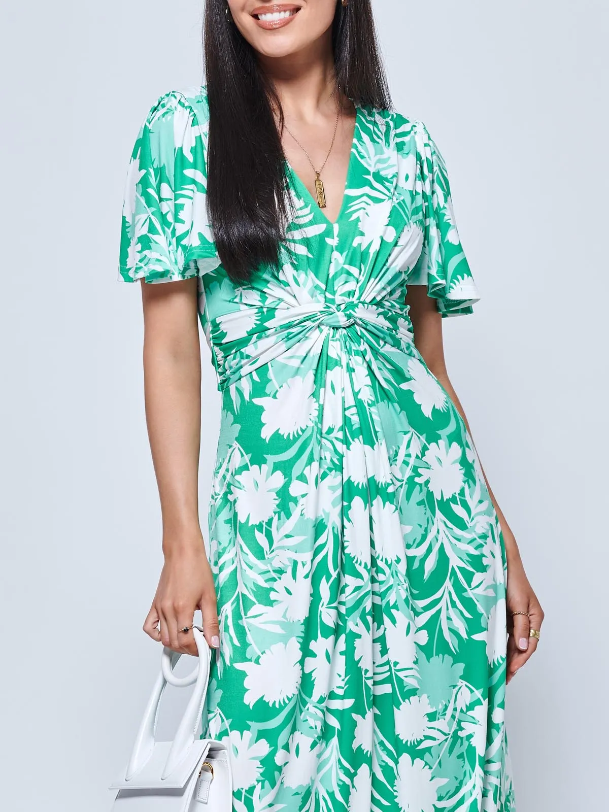 Twist Front Jersey Maxi Dress, Green Floral