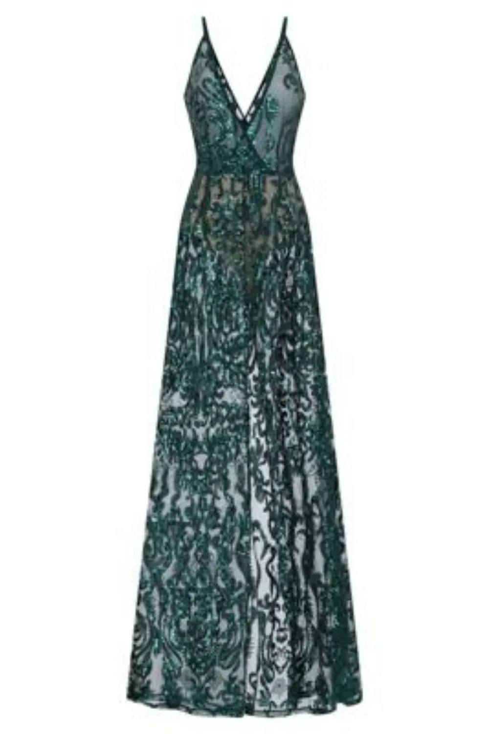 Unleashed Green Sheer Luxe Sequin Slit Maxi Gown Dress