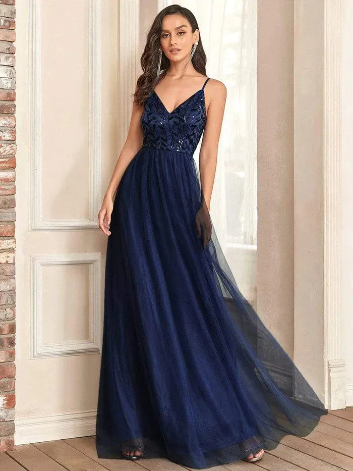 V Neck Spaghetti Strap Embroidered Maxi Tulle Wedding Guest Dress