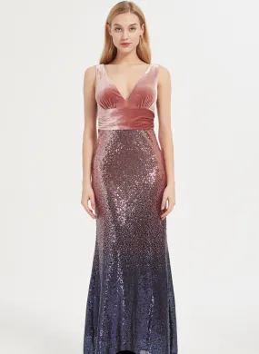 Velvet Bridesmaid Dress Mermaid Sequined Skirt with V-Neckline