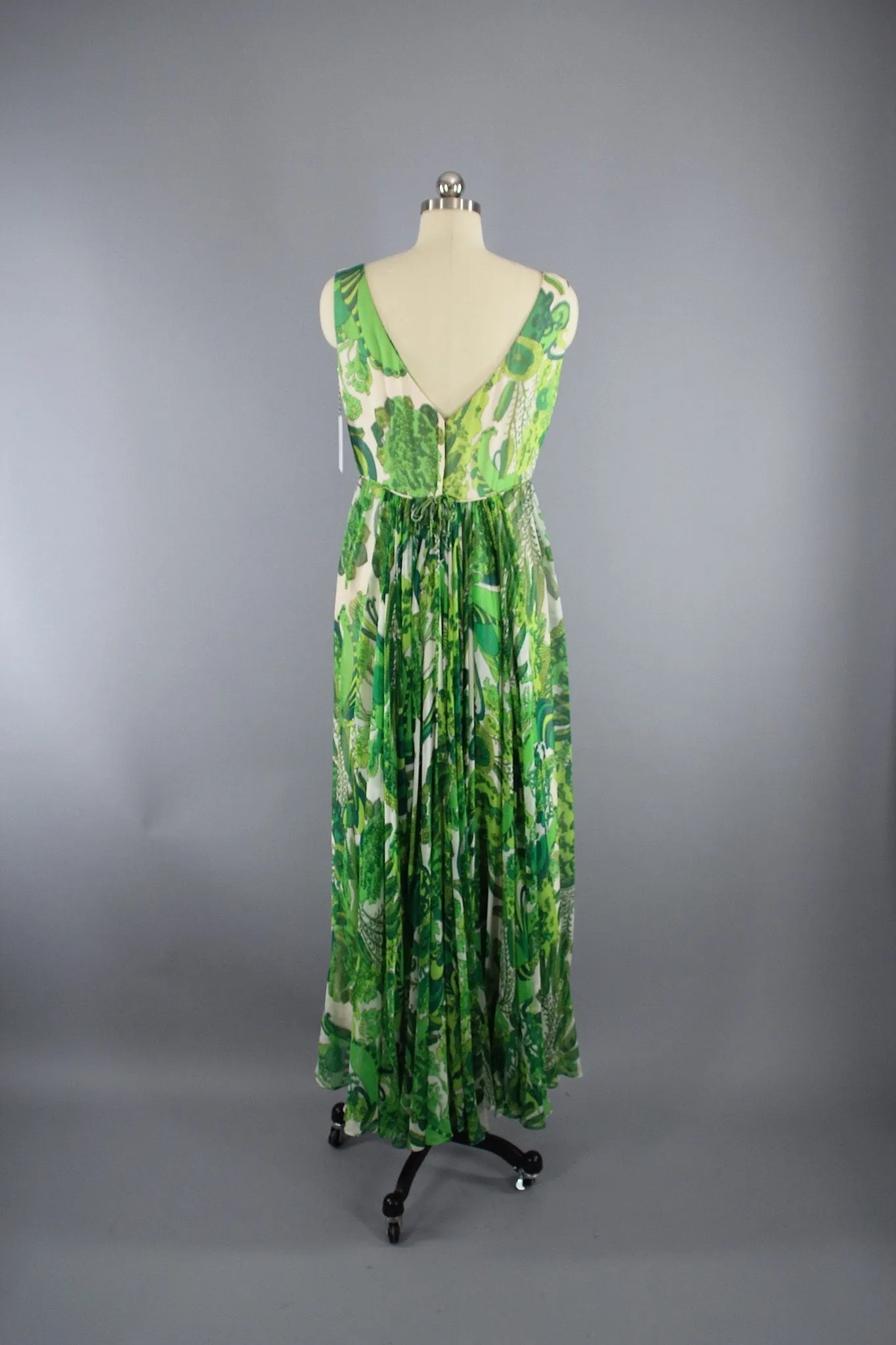 Vintage 1960s Green Floral Print Silk Chiffon Maxi Dress