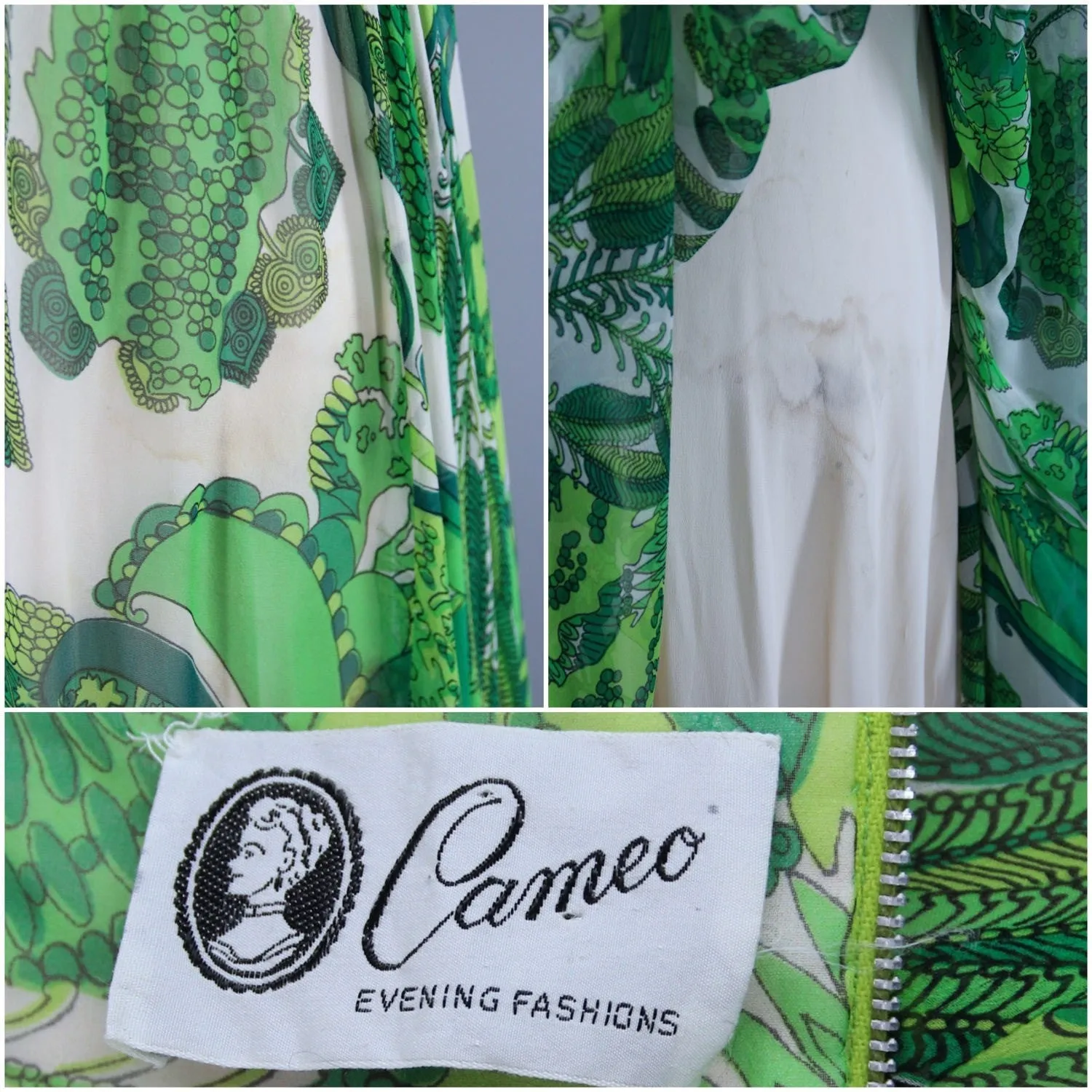 Vintage 1960s Green Floral Print Silk Chiffon Maxi Dress