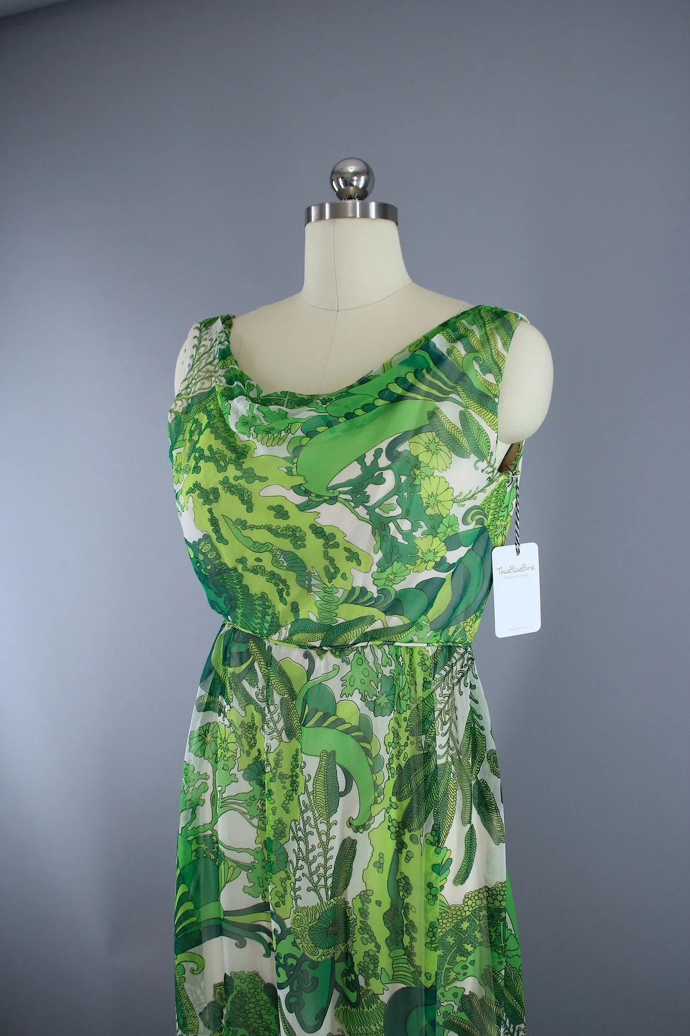 Vintage 1960s Green Floral Print Silk Chiffon Maxi Dress