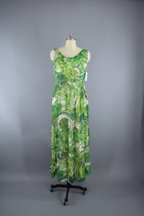 Vintage 1960s Green Floral Print Silk Chiffon Maxi Dress