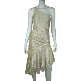 Vintage 1970s Disco Party Dress Silver Metallic Lamé One Shoulder Size Small