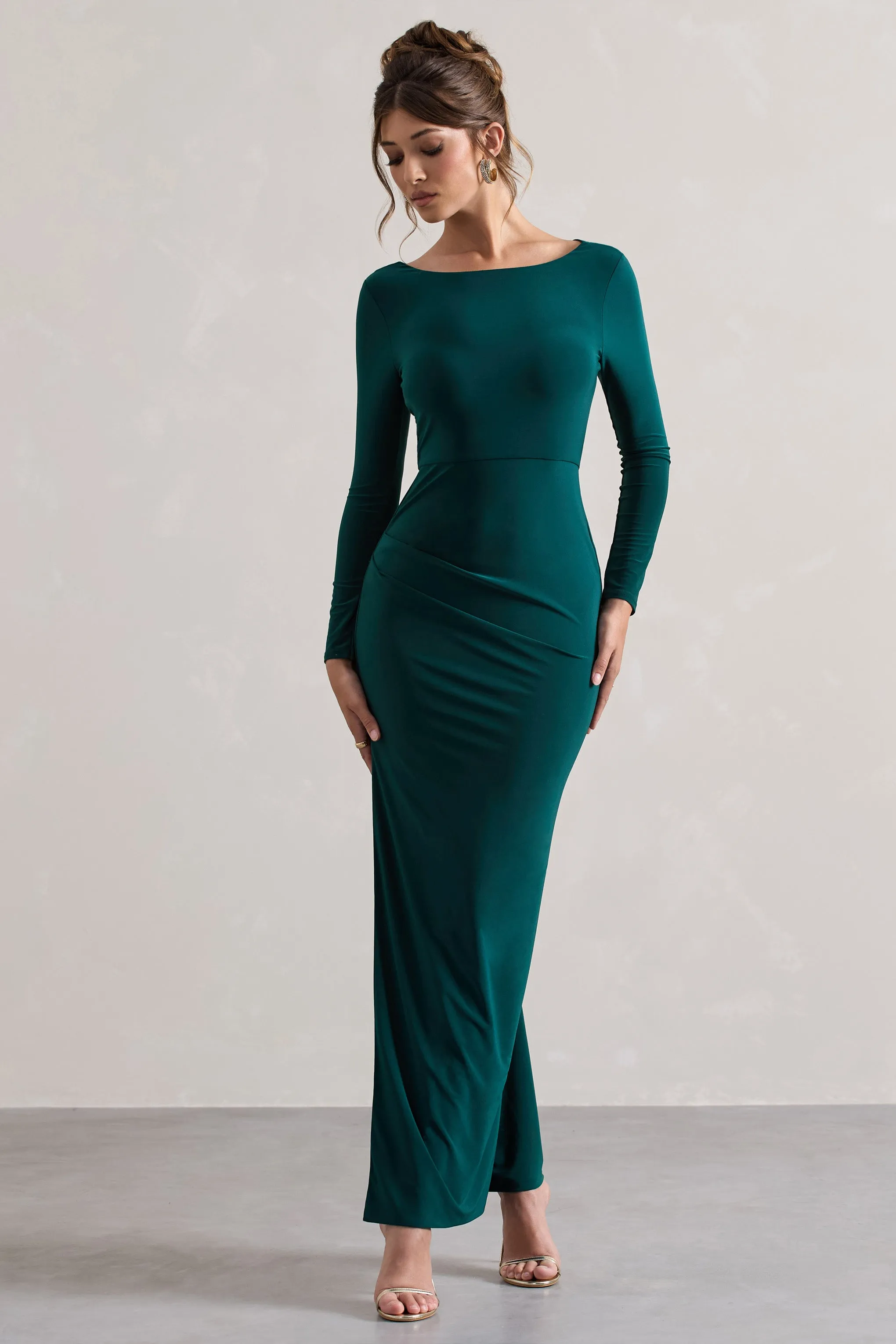 Virgo | Bottle Green Cowl-Back Long-Sleeve Split Maxi Dress