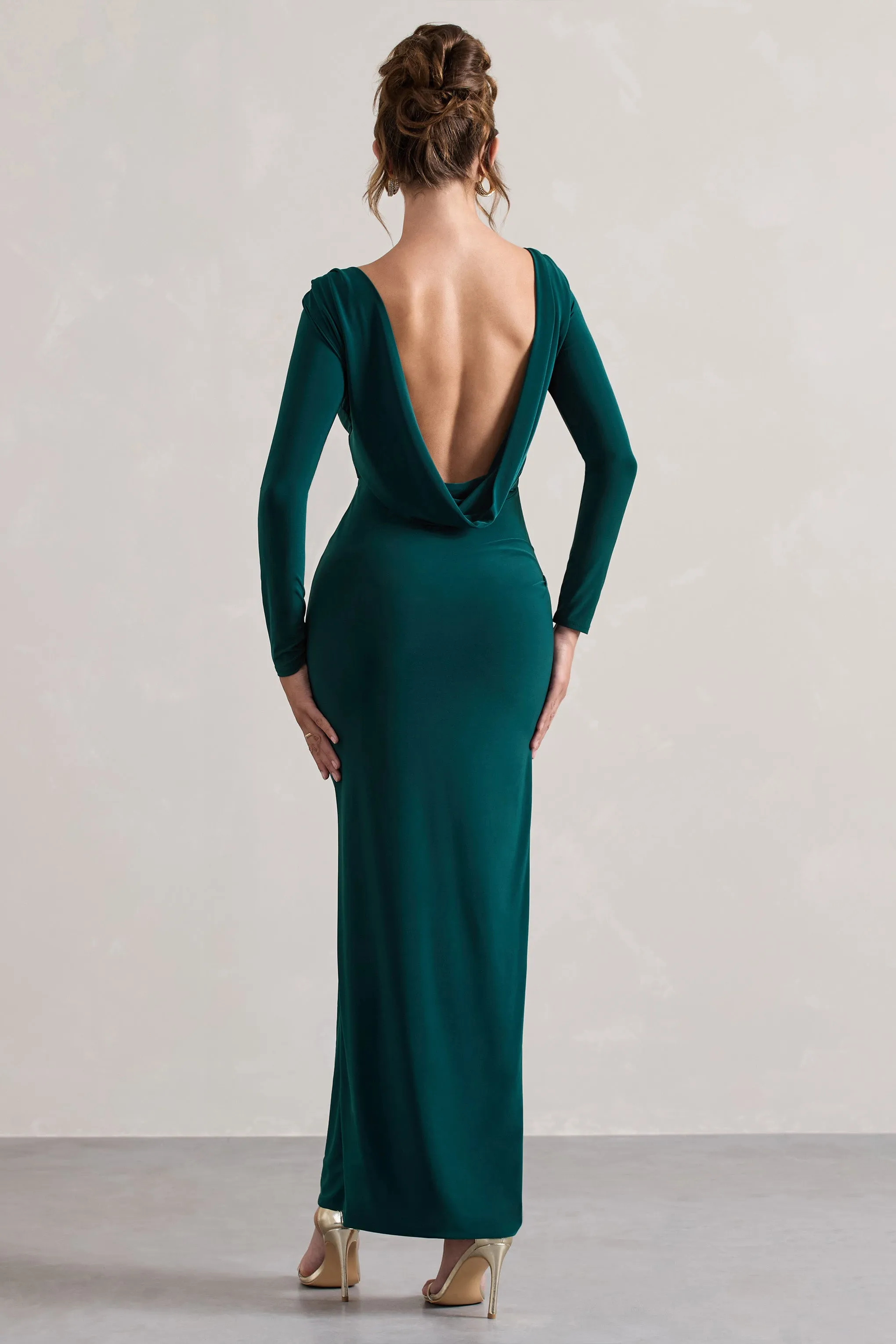 Virgo | Bottle Green Cowl-Back Long-Sleeve Split Maxi Dress