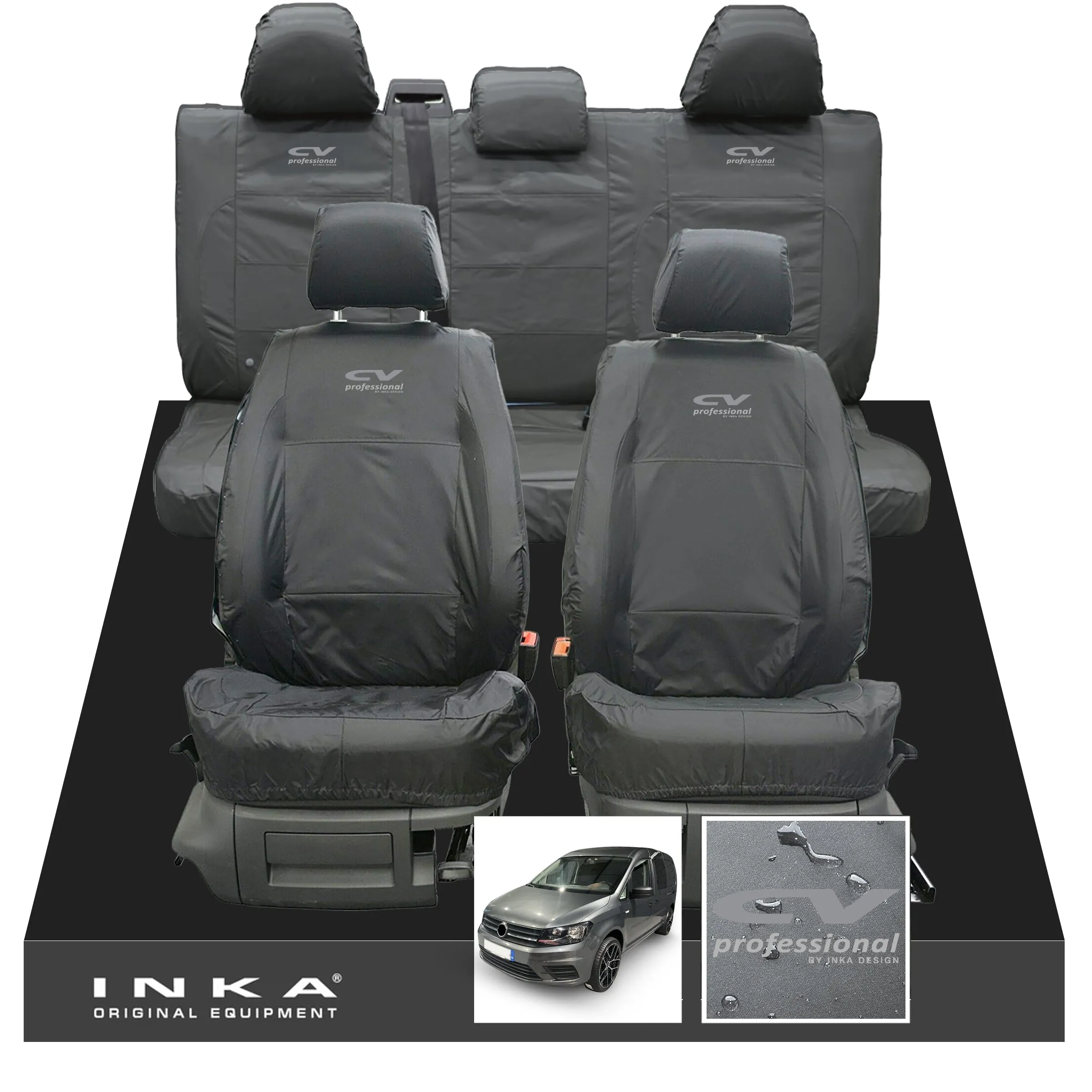 VW Caddy Kombi Maxi Life INKA Front & Rear Tailored Waterproof Seat Covers Grey MY-2007-2019 (Choice of 7 Colours)