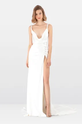 White Double Silk Satin Cowl Neck Maxi Dress