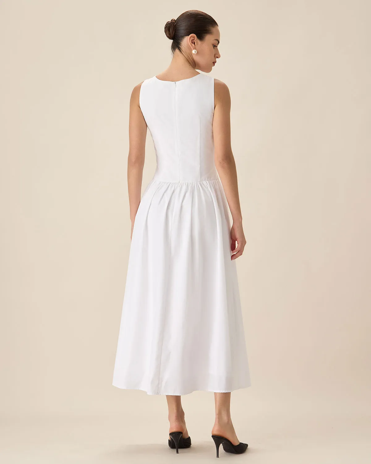 White Round Neck Pocket Maxi Dress