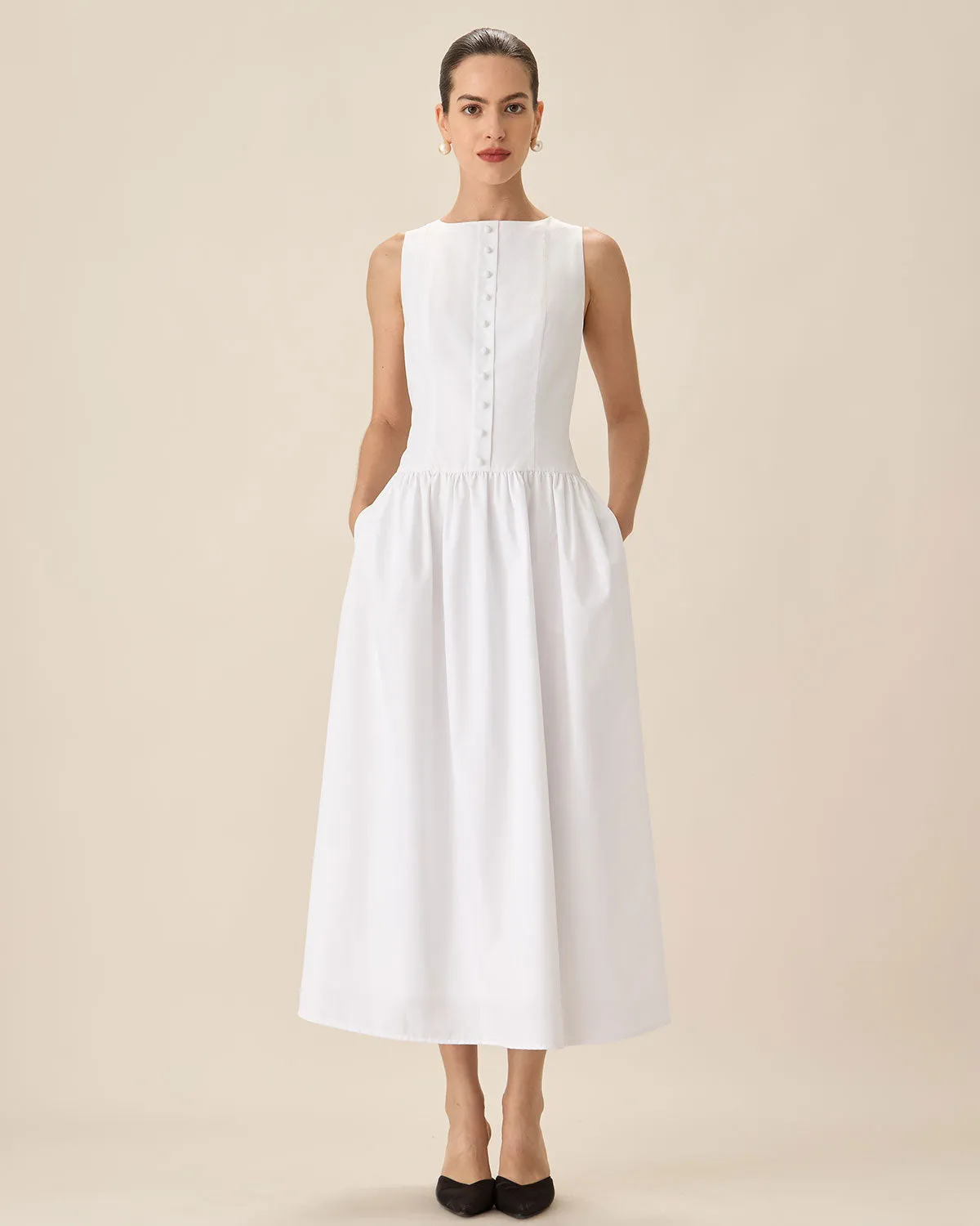 White Round Neck Pocket Maxi Dress