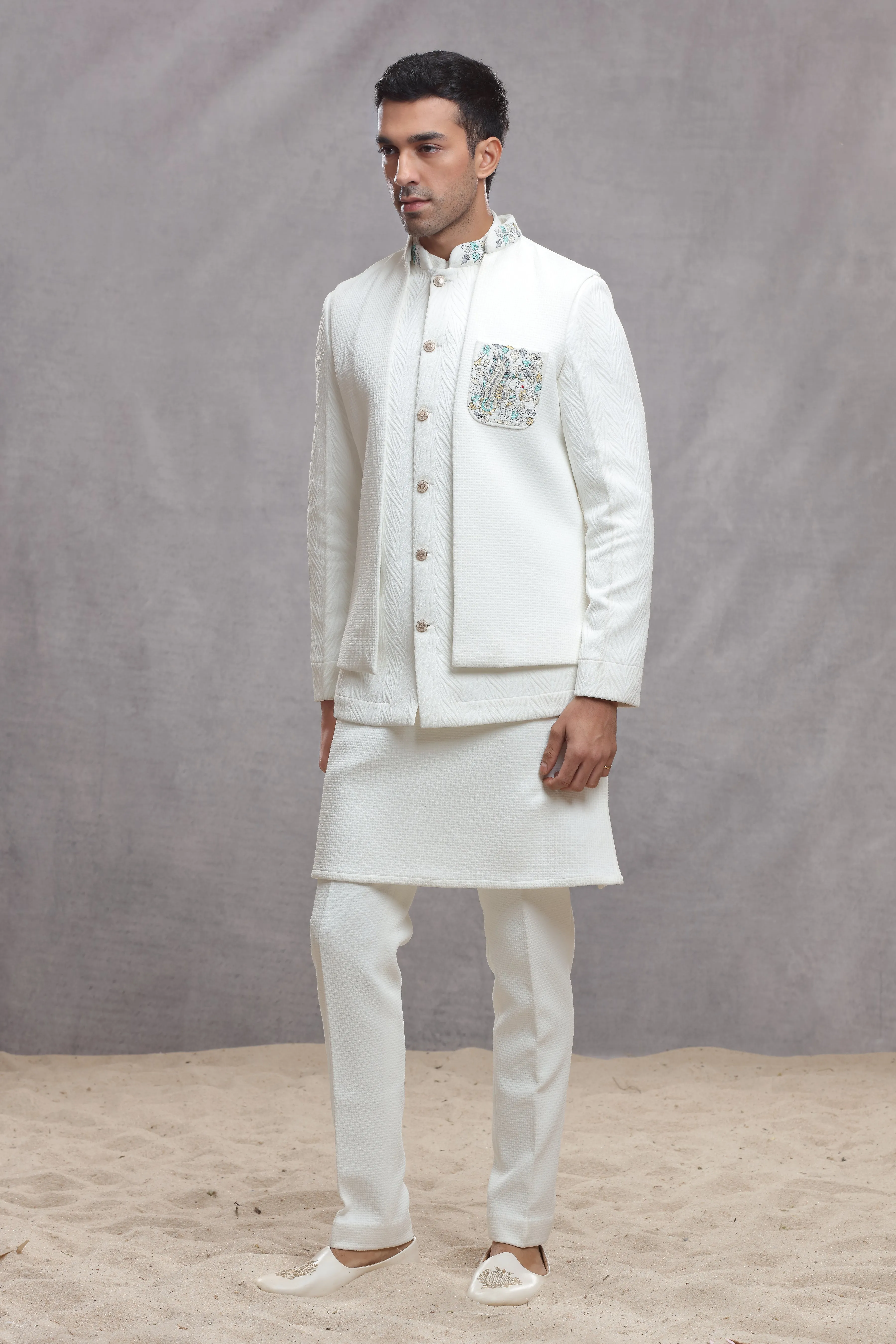 White Silk Indo Western with Textured Fabric & Thread Work