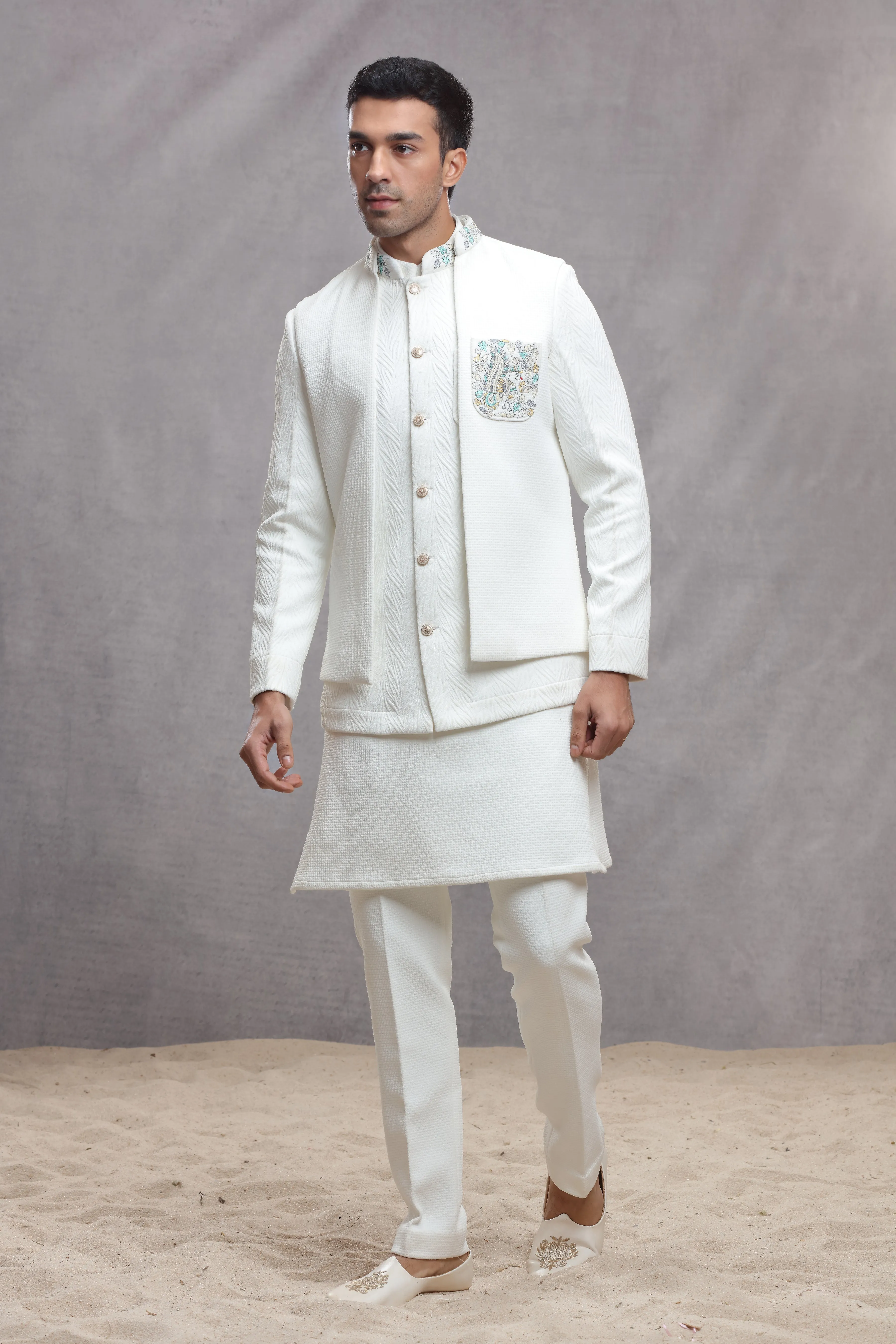 White Silk Indo Western with Textured Fabric & Thread Work