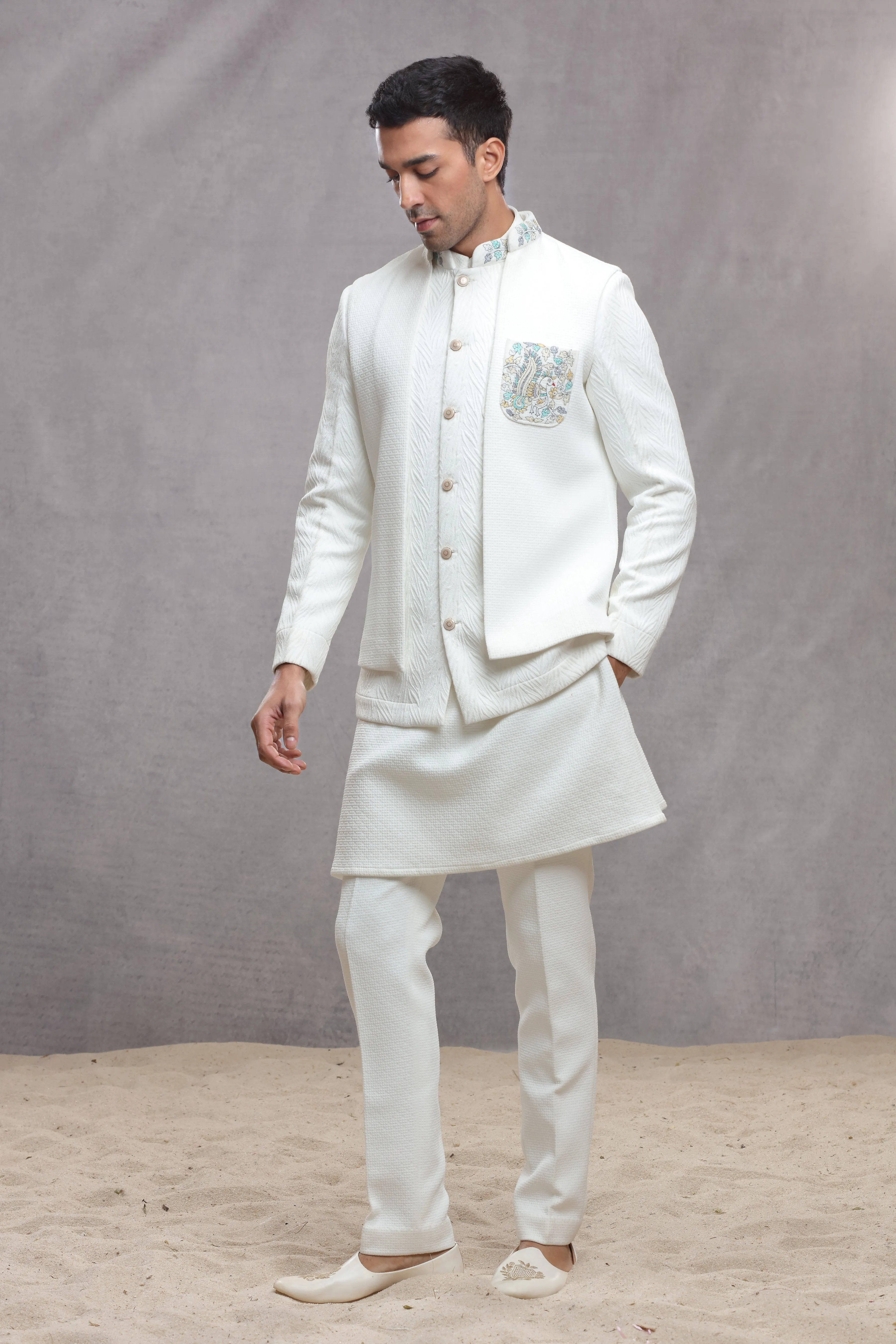 White Silk Indo Western with Textured Fabric & Thread Work