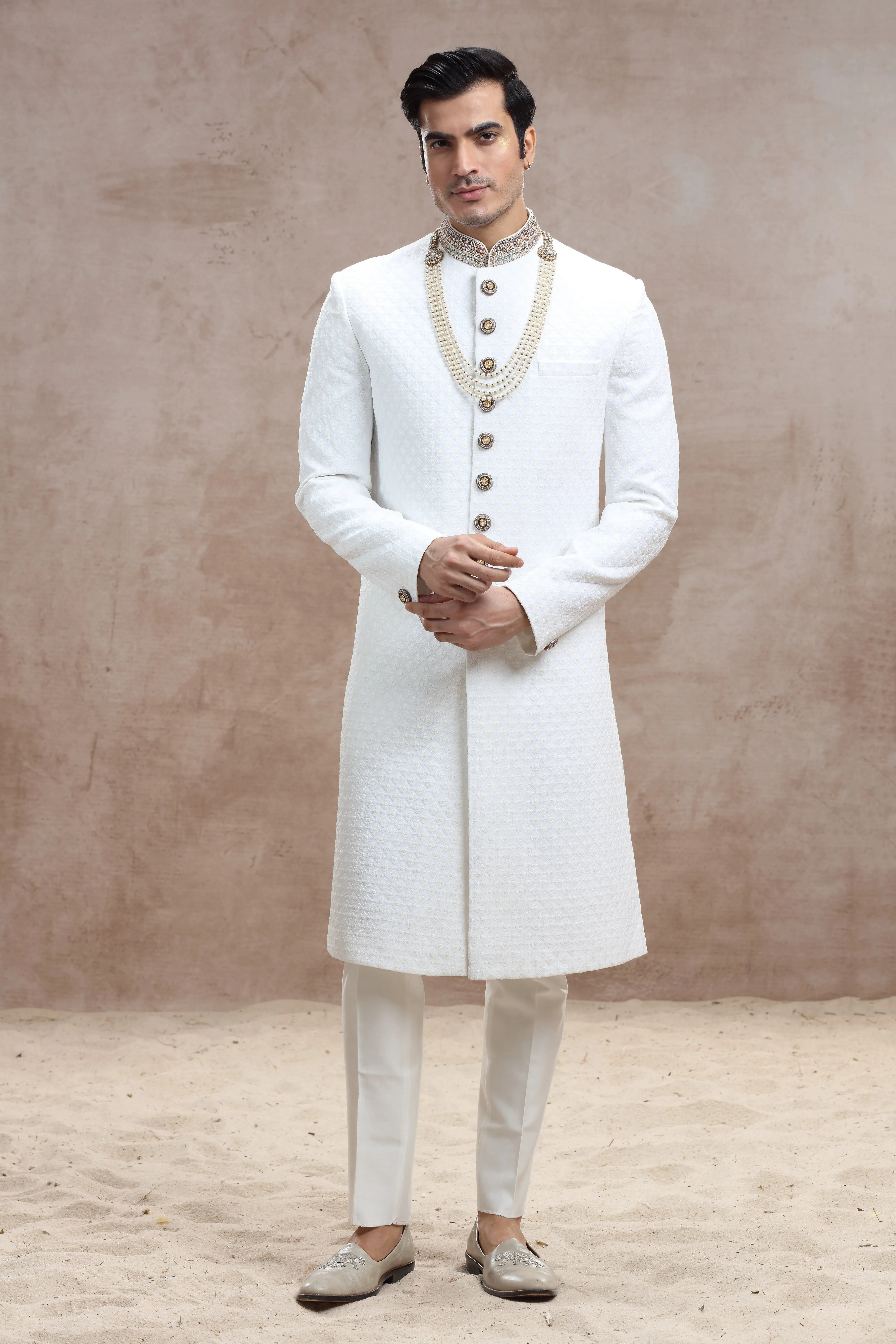 White Silk Sherwani with Chikankari & Thread Work