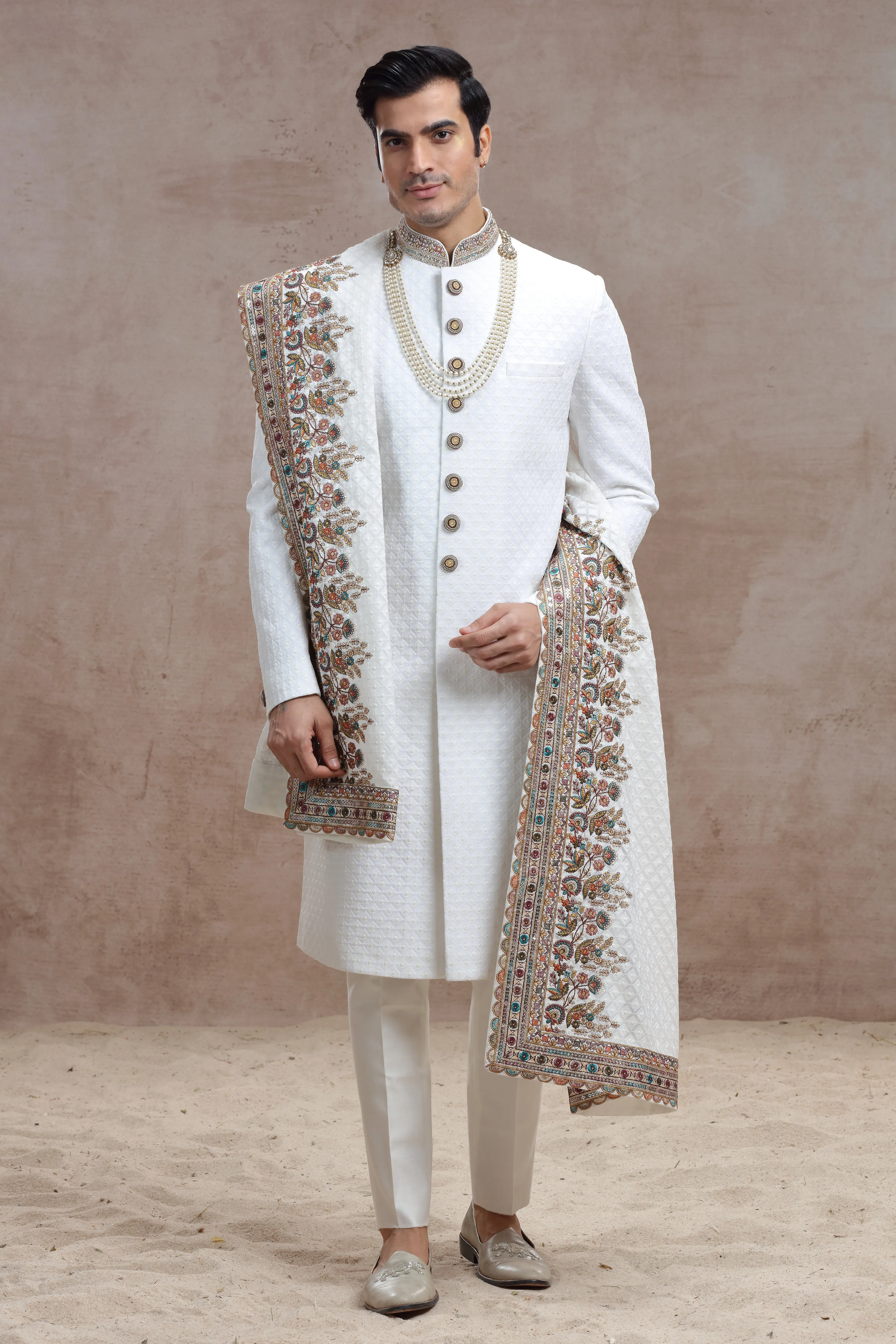 White Silk Sherwani with Chikankari & Thread Work