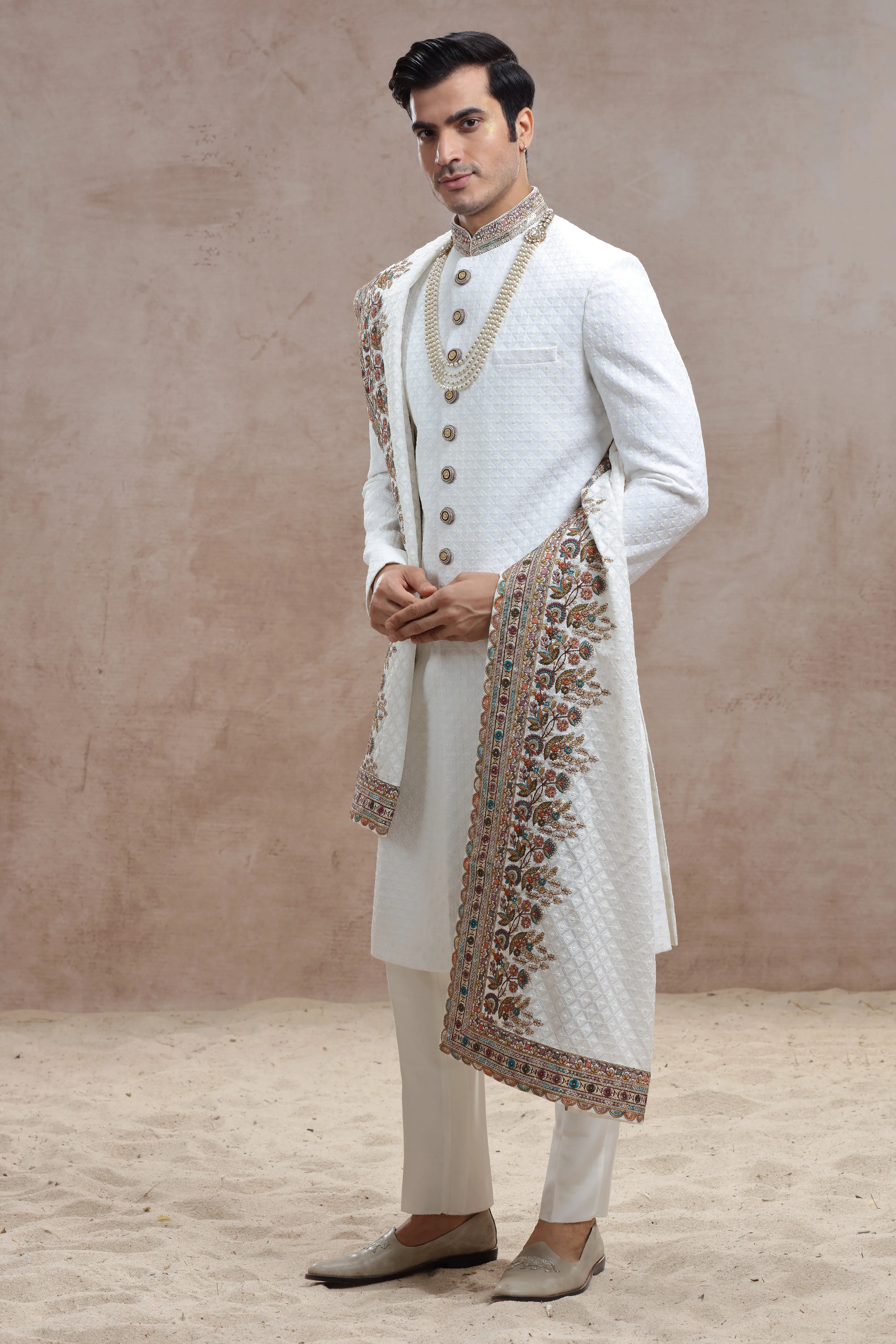 White Silk Sherwani with Chikankari & Thread Work