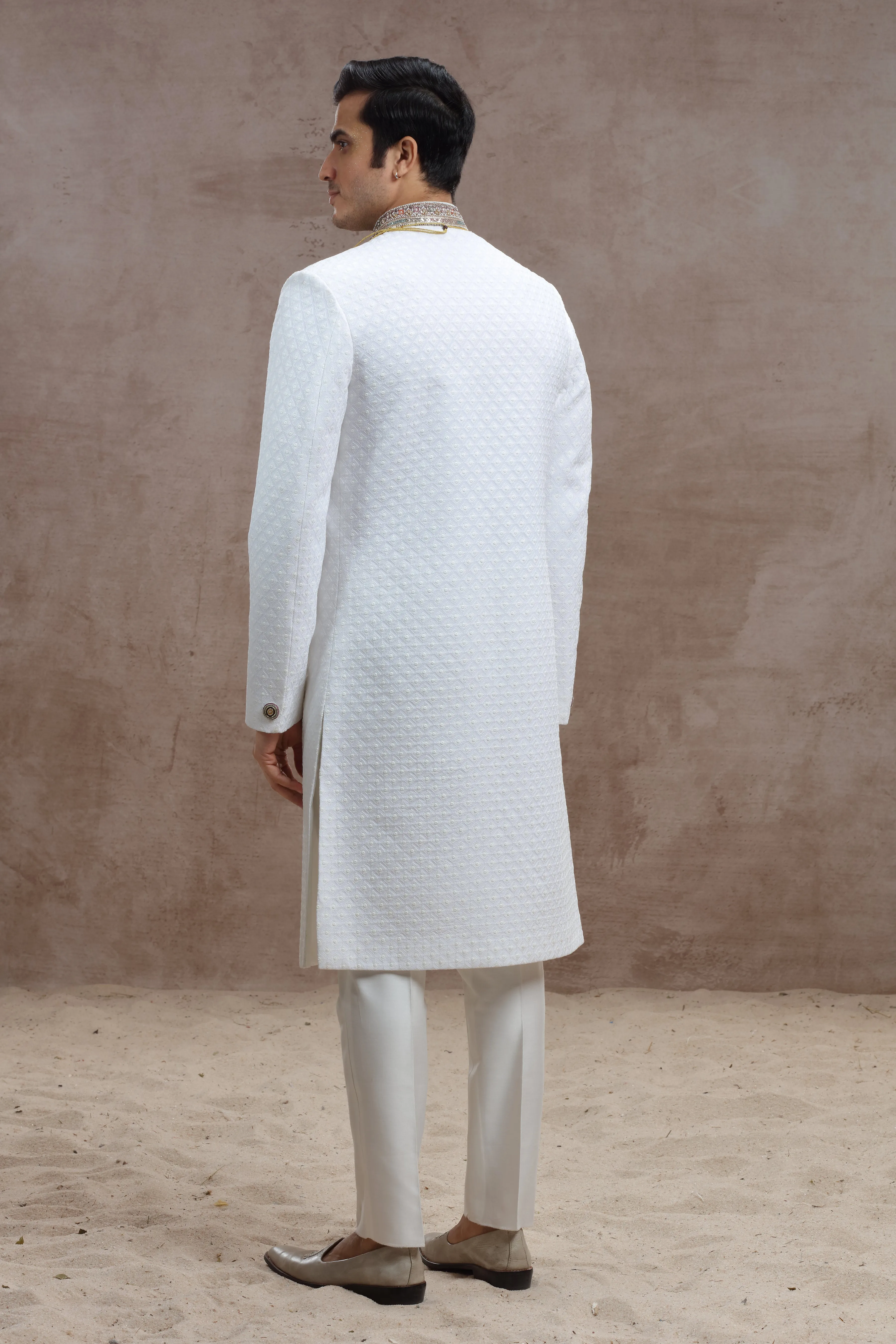 White Silk Sherwani with Chikankari & Thread Work