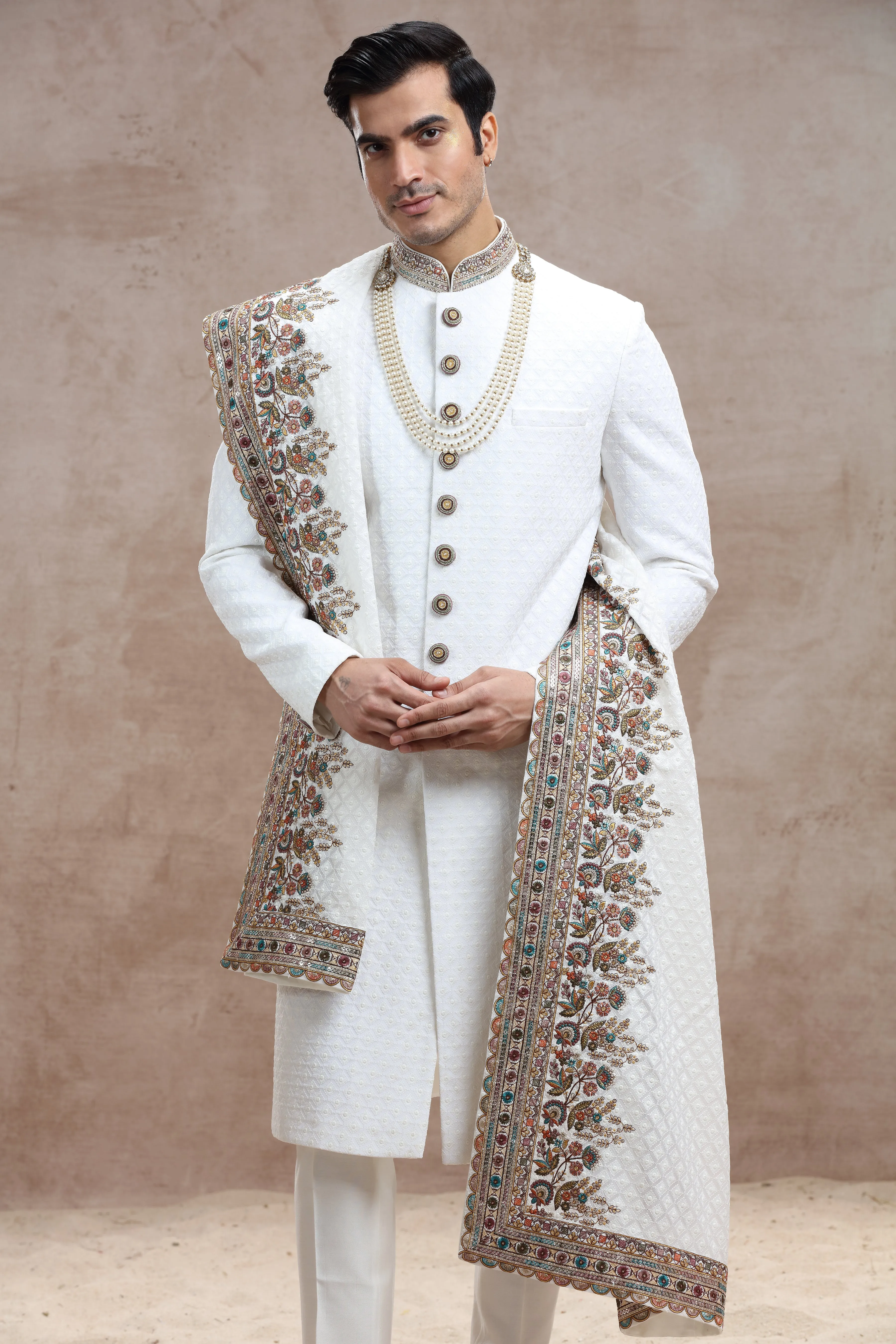 White Silk Sherwani with Chikankari & Thread Work