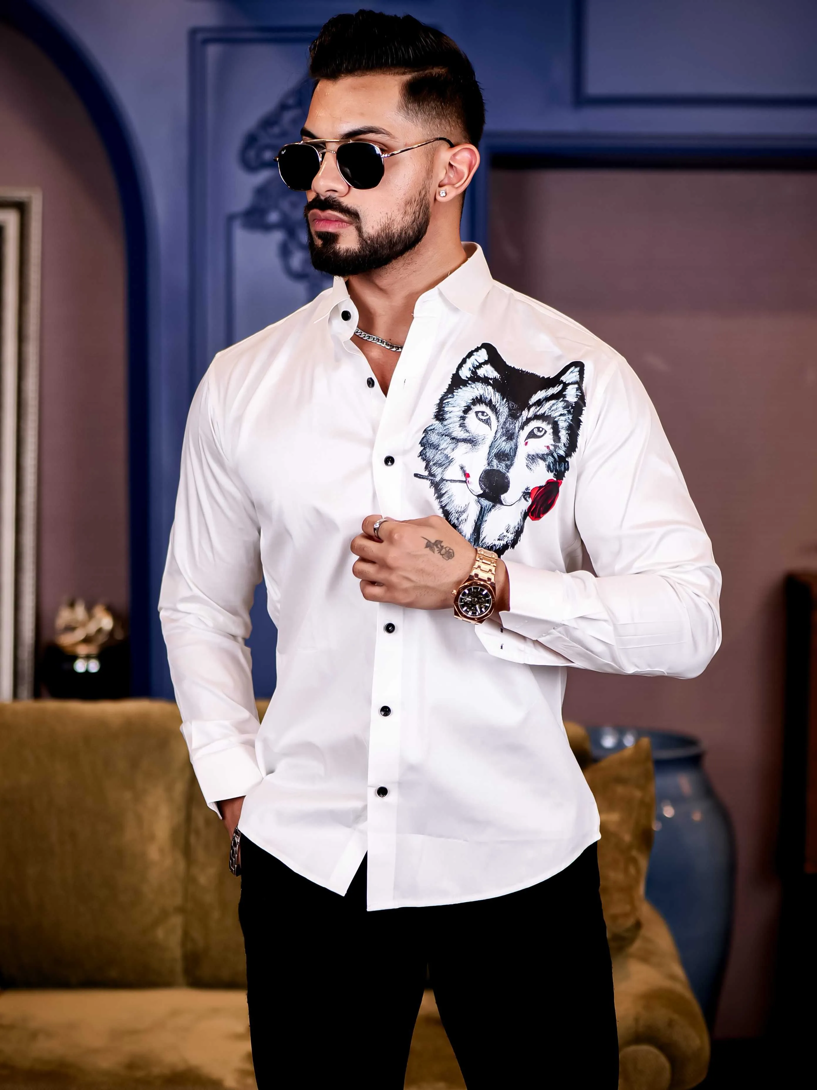 Wolf Love White Club Wear Printed Satin Cotton Shirt