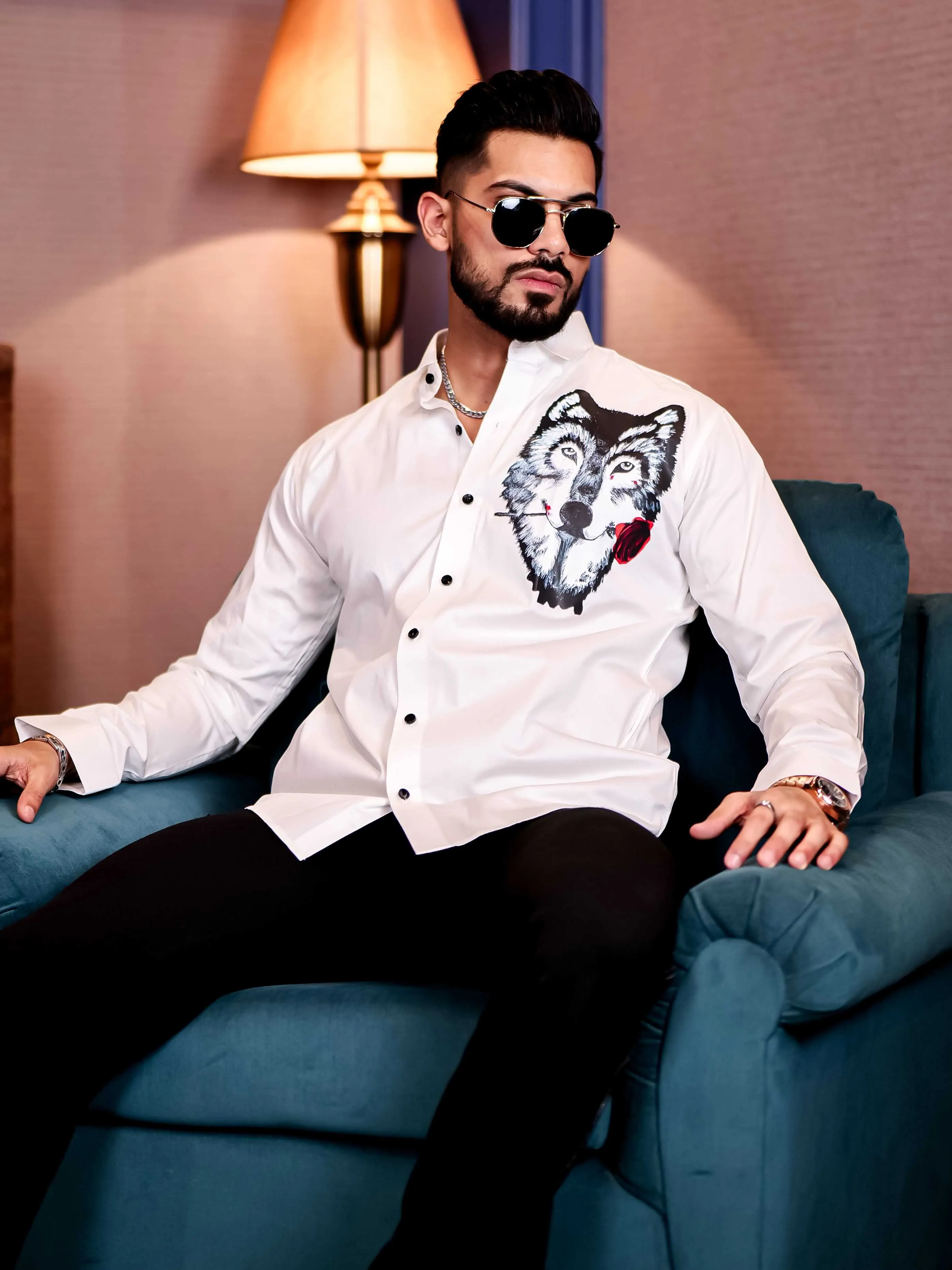 Wolf Love White Club Wear Printed Satin Cotton Shirt