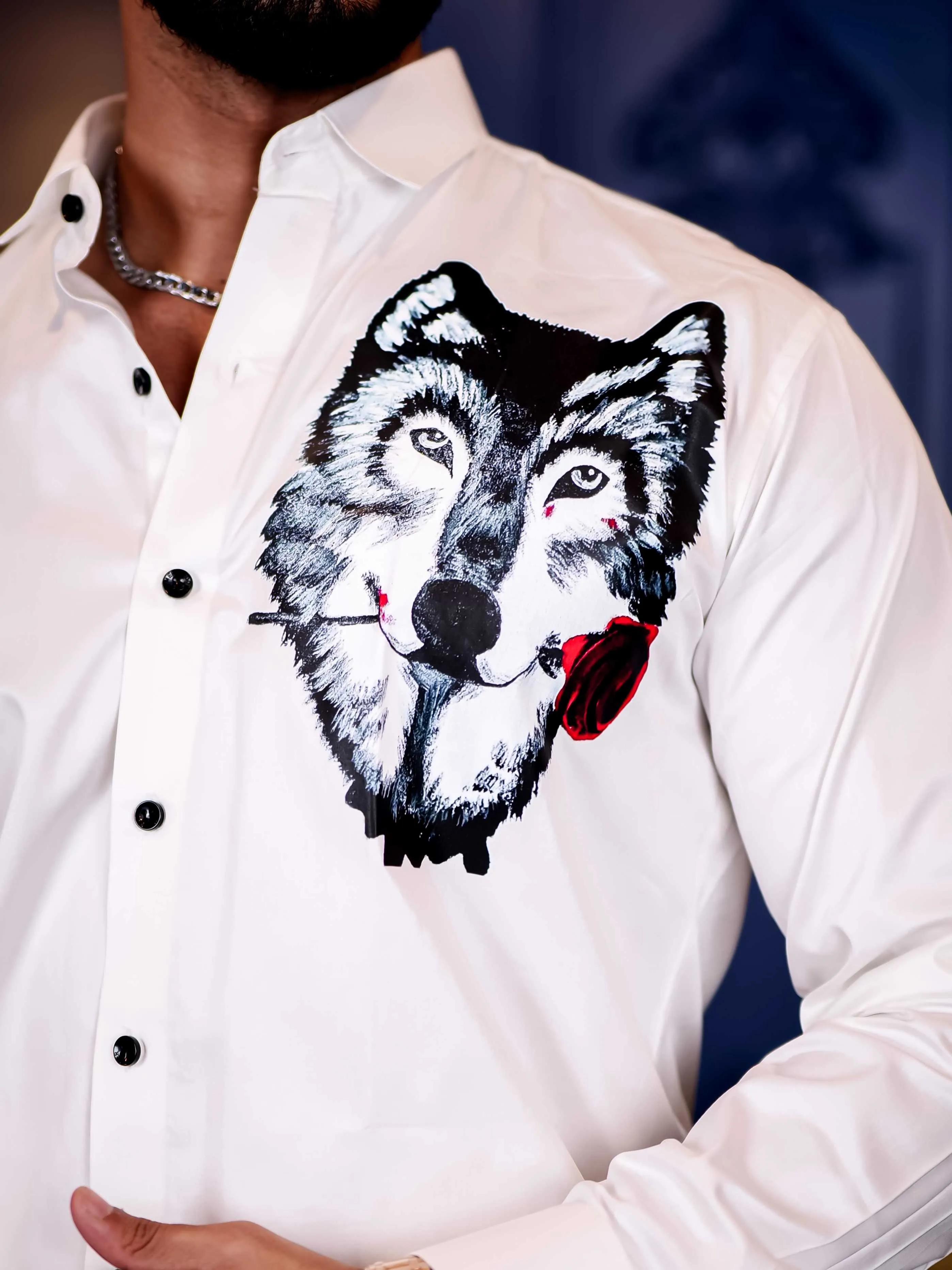 Wolf Love White Club Wear Printed Satin Cotton Shirt