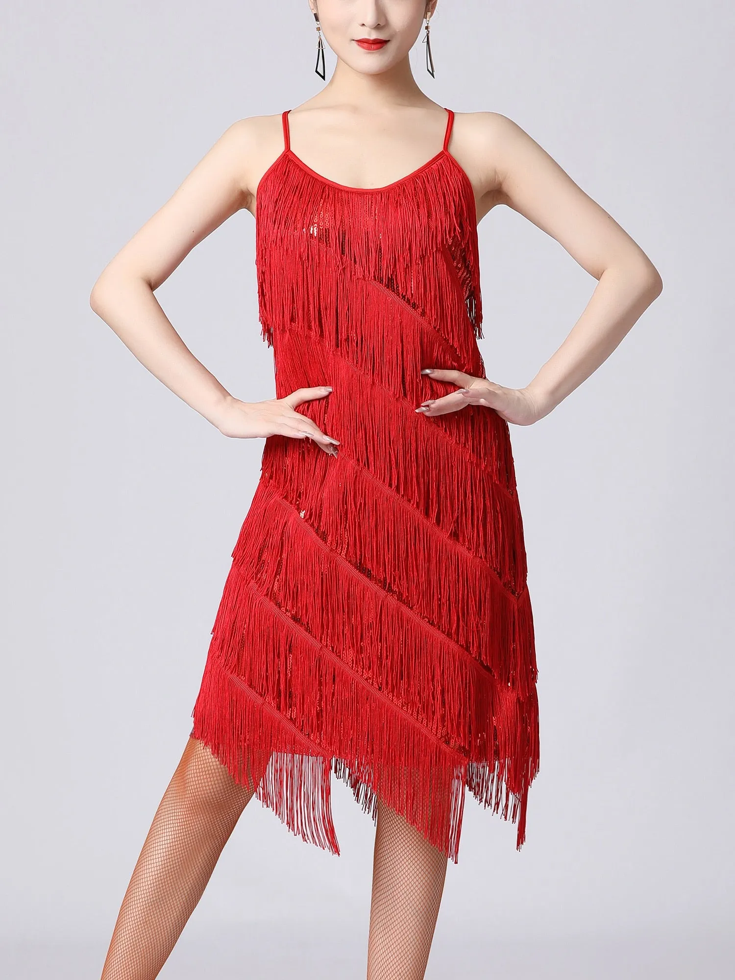 Womans Latin Dance Dress Sleeveless Sequin Fringe Ballroom  Stage Dancing Costume