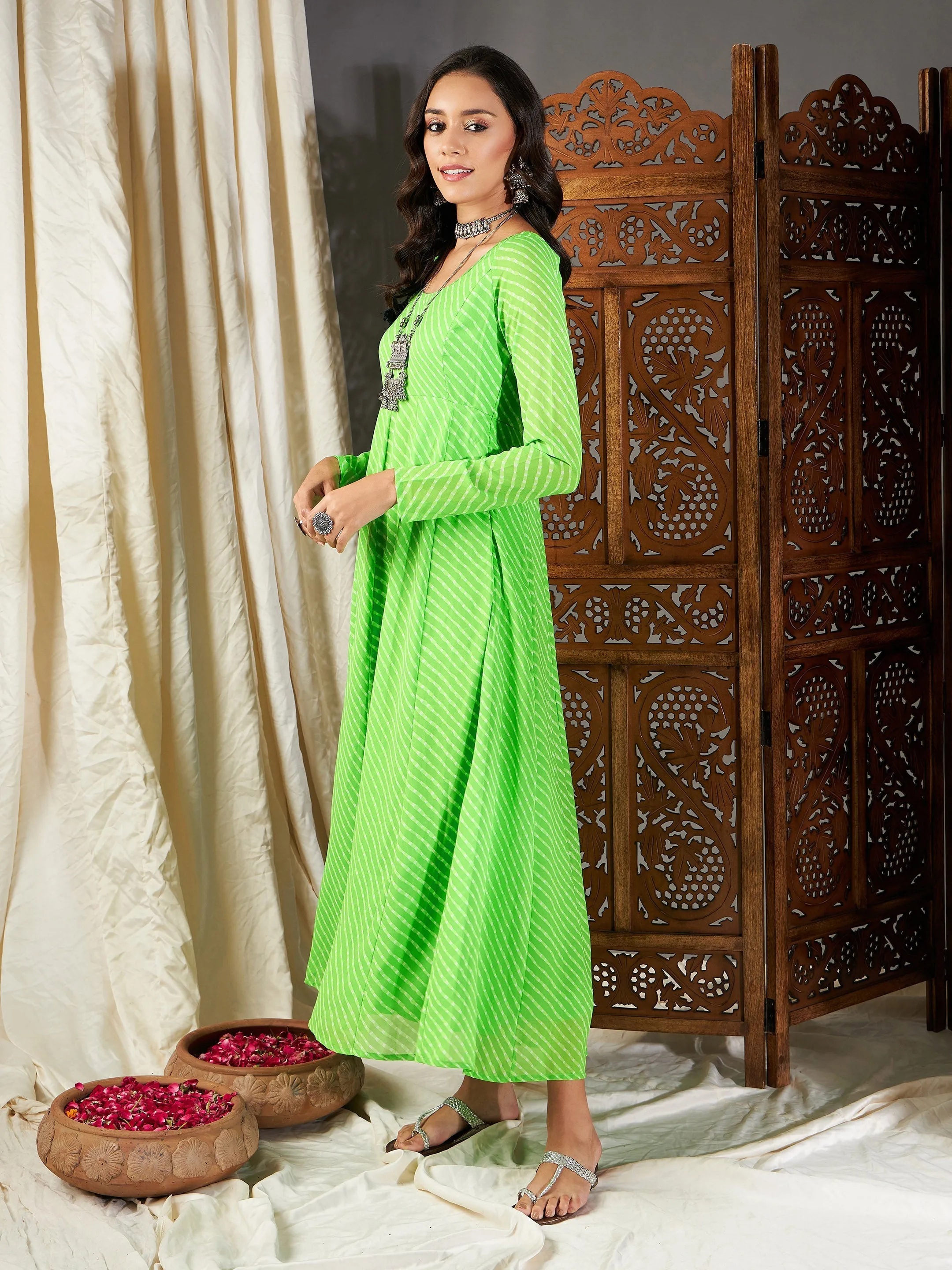 Women Green Lehariya Anarkali Dress